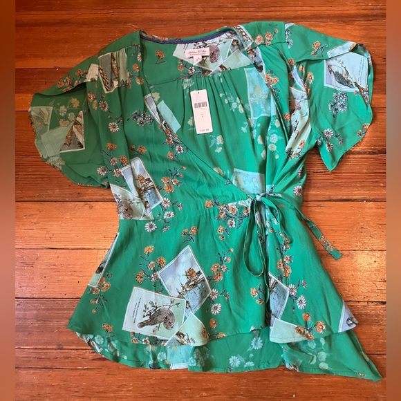 Anthropologie Tops - NWT Meadow Rue By Anthropologie Green Wrap French Print Short Sleeve Blouse, 4
